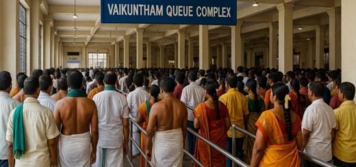 Tirumala Darshan Types queue at Vaikuntham Queue Complex with pilgrims in traditional attire