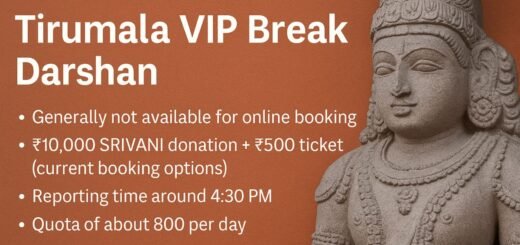 Tirumala VIP Break Darshan SRIVANI donation ₹10,000 plus ₹500 ticket, reporting ~4:30 PM, JEO Office & airport counters, clean margins and borders