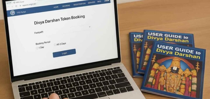 Tirumala Divya Darshan tokens online guide shown on laptop with user guides for Divya Darshan on desk