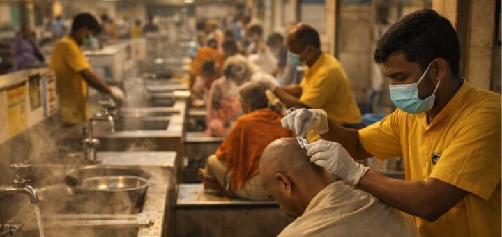 Tirumala Head Tonsure inside Kalyana Katta hall with barbers and pilgrims, hygienic setup and hot-water wash area