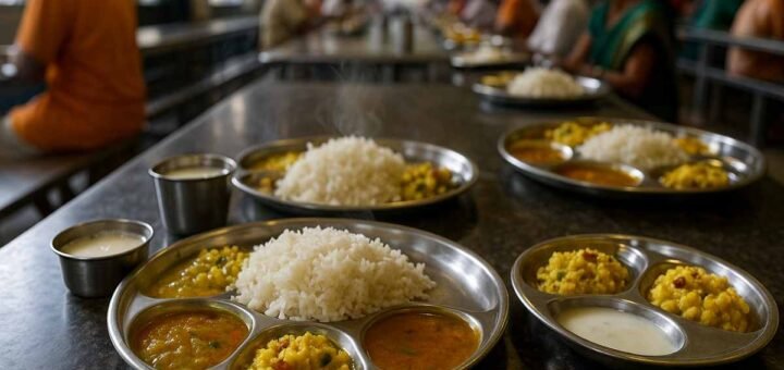 Tirumala Restaurants Annaprasadam complex veg meals served on stainless plates near temple