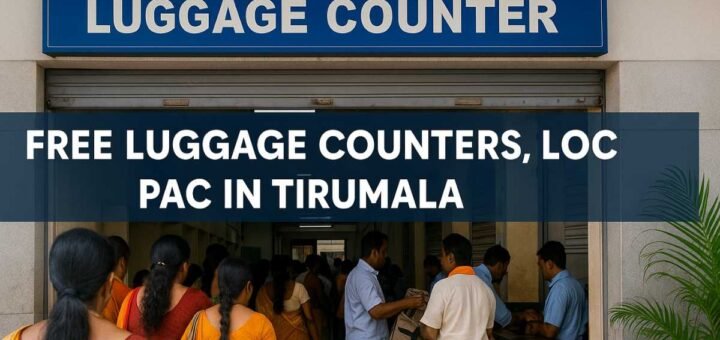 Tirumala luggage counters at PAC building with devotees depositing bags at free locker counters, clear queue and signage