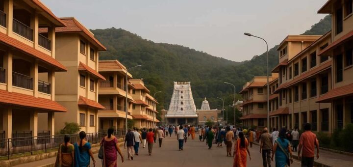 Tirumala Rooms Online near temple TTD cottages with pilgrims walking towards the shrine