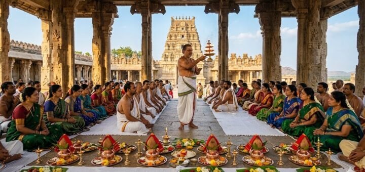Annavaram Vratham online booking — devotees seated in mandap for Satyanarayana Swamy Vratham at Ratnagiri Hill temple