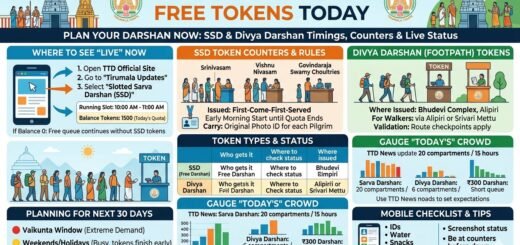 Infographic showing Tirumala SSD free token live status, Divya Darshan counter locations at Alipiri and Bhudevi Complex, and crowd waiting times.