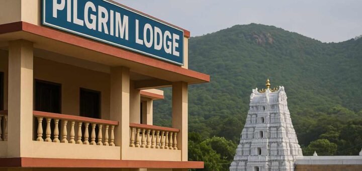 Raghavendra Mutt Tirumala pilgrim lodge exterior with white gopuram and Tirumala hills in background, bright daytime