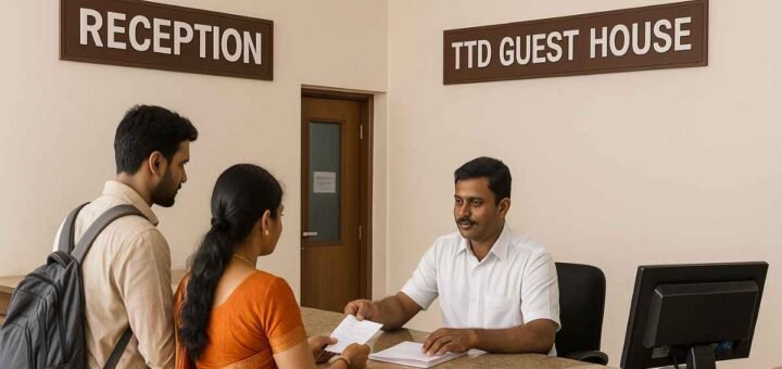 Tirumala Guest House reception with devotees checking in at TTD accommodation desk, counter signage visible