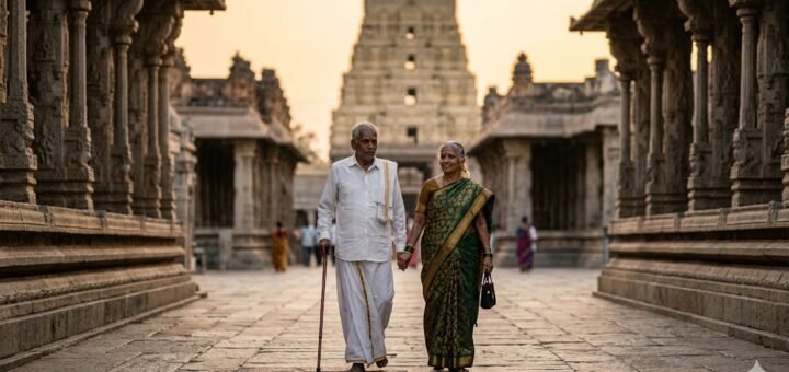 Elderly couple at Tirumala senior citizen darshan online booking entry point near Nambi Temple Dakshin Mada Street