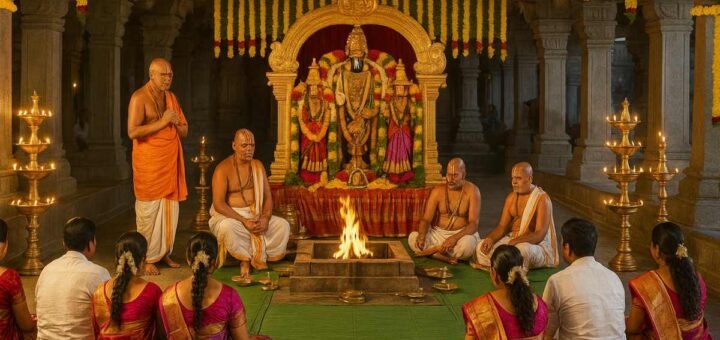 Tirumala Kalyanam Tickets photo of Kalyanotsavam ritual with priests and seated couples inside the mandapam