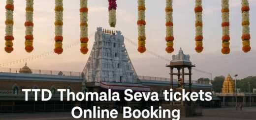 TTD Thomala Seva tickets guide with Tirumala gopuram at dawn and hanging flower garlands symbolising Thomala
