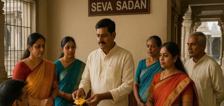 Srivari Seva Tirumala volunteers in traditional attire reporting at Seva Sadan helpdesk with ID verification and badge issue