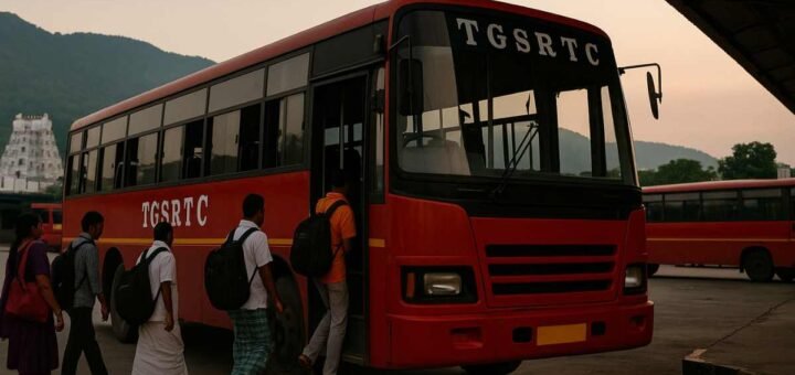 TSRTC TGSRTC red bus at Tirupati for Tirumala ₹300 Special Entry Darshan package Caption: Pilgrims boarding a TGSRTC bus in Tirupati for the Tirumala ₹300 Special Entry Darshan package.