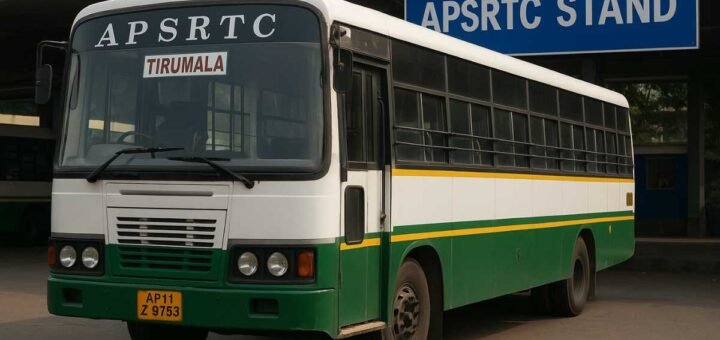 Tirupati to Tirumala bus APSRTC service at APSRTC stand with Tirumala board on windshield