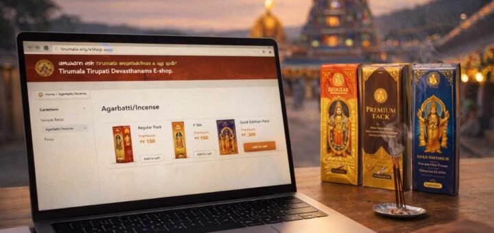 TTD Agarbatti Online displayed on a laptop screen with calendar and incense packs visible