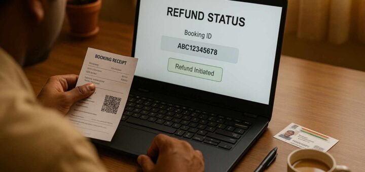 TTD Caution Deposit Refund status screen on laptop with pilgrim checking booking ID at home