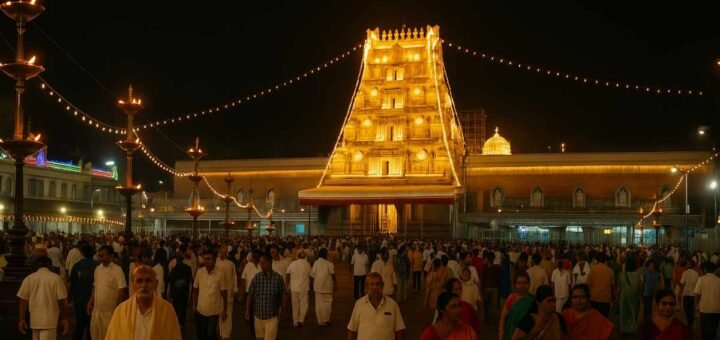 TTD 10 Lakh Donor Benefits photo of Tirumala temple gopuram at dawn with devotees