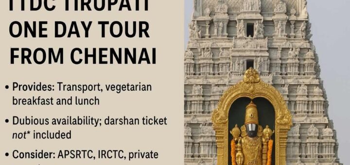 TTDC Tirupati package from Chennai photo-style graphic with Tirupati gopuram and a clean text panel about booking and price