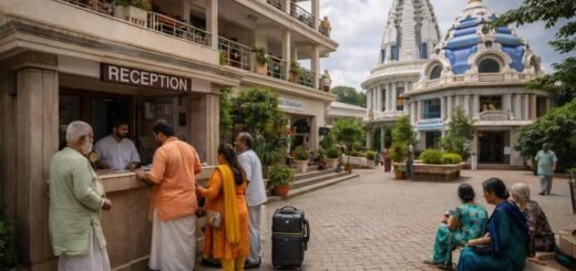 Iskcon Guest House Life members booking at reception with temple view