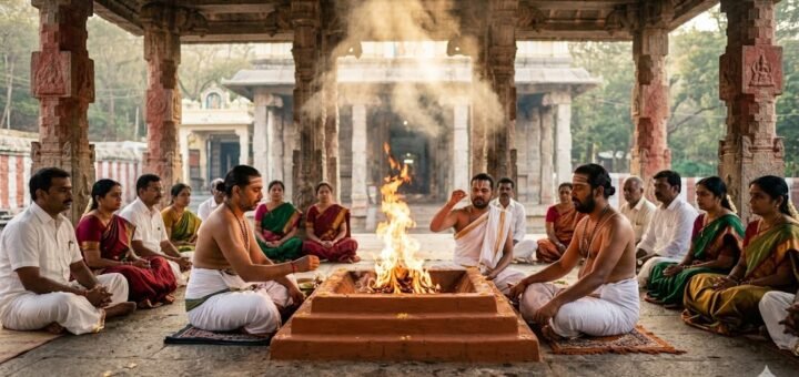 Srinivasa Divyanugraha Homam at Alipiri Tirupati — TTD priests performing Vedic fire ritual with devotees in traditional dress