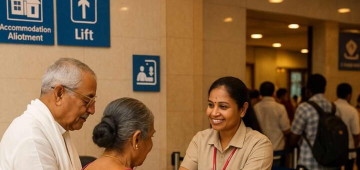 Tirumala Senior Citizen Rooms allotment counter where staff help an elderly couple request a ground-floor room