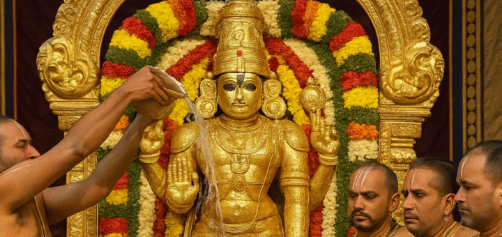 Priests performing Jyeshtabhishekam to golden-armored Lord Venkateswara at Tirumala in 2025