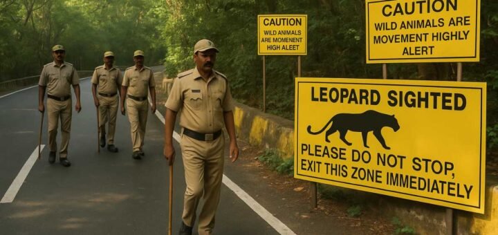 Forest officers patrolling Tirumala Ghat Road near leopard warning boards