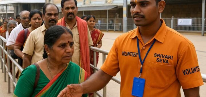 Srivari Seva volunteer assisting devotees at Tirumala temple