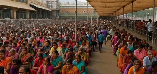 Devotees seated under canopies in queue at Vaikuntam Complex Tirumala during heavy summer rush