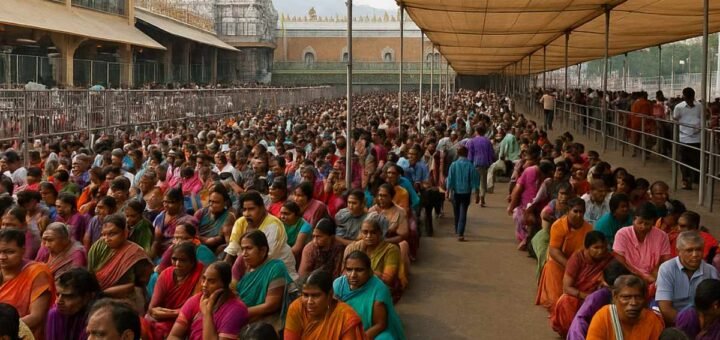 Devotees seated under canopies in queue at Vaikuntam Complex Tirumala during heavy summer rush