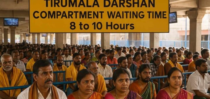 Devotees seated inside Vaikuntam Queue Complex compartments at Tirumala