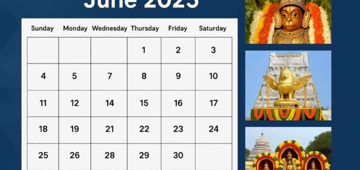 Tirumala temple background with a calendar layout for June showcasing festival dates