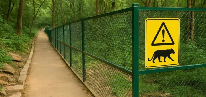 Iron fencing and forest warning signage along Tirumala footpath route