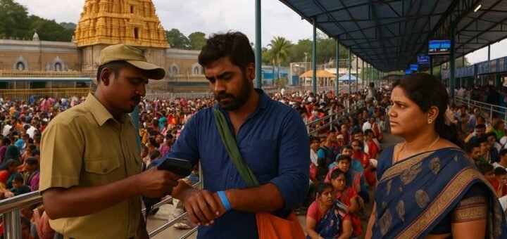 Devotees moving through modern queue lanes with wristbands at Tirumala temple