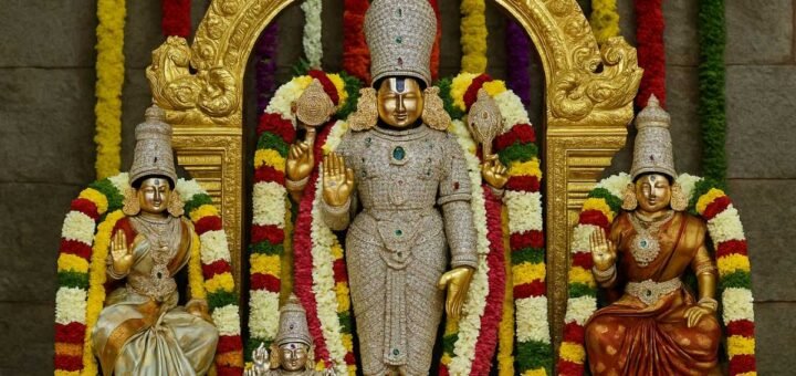 Utsava Murthies adorned with diamond armor during Jyestabhishekam at Tirumala