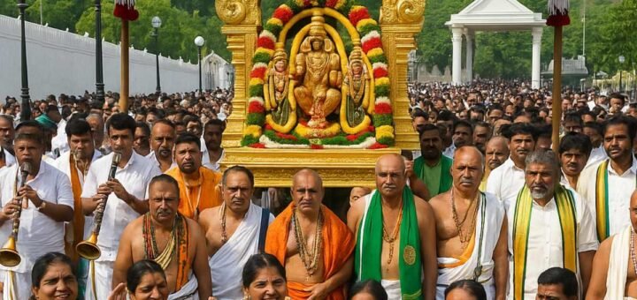 Devotees witnessing Sri Govindaraja Swamy Brahmotsavam procession in Tirupati