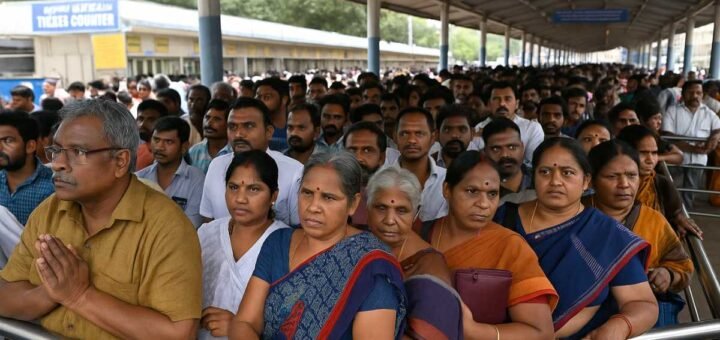 Devotees waiting in line for Tirumala Divya Darshan token