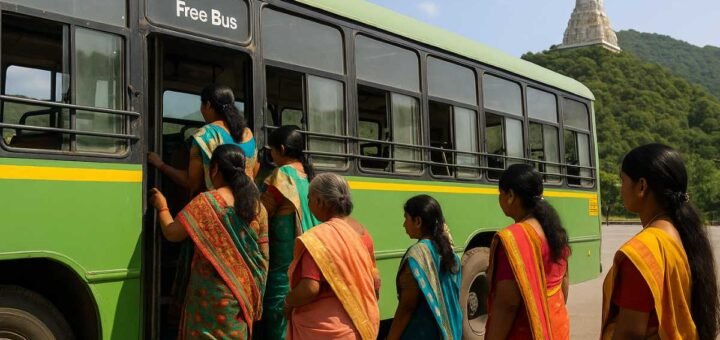 Women devotees boarding free RTC bus in Tirumala