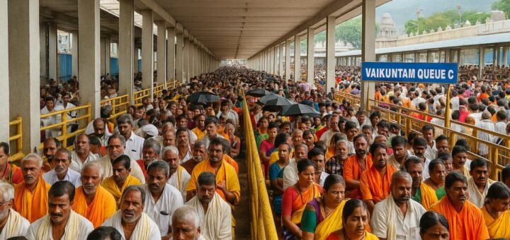 Devotees waiting in long queues at Tirumala temple during peak rush