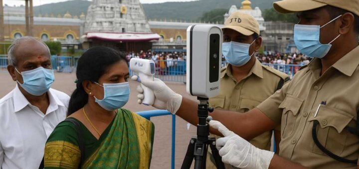Devotees wearing masks and undergoing temperature checks outside Tirumala temple during Covid alert