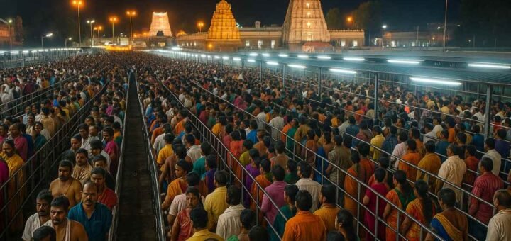 Tirumala Darshan 15 Sept 2025 with 31 compartments and heavy crowd near temple gopuram