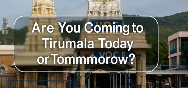 Tirumala darshan today guide showing VQC entrance and clean bordered text panel with online ₹300 and without-booking options