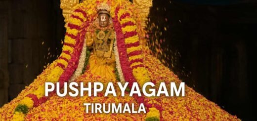 Tirumala Pushpayagam 2025 floral offering to Lord Venkateswara with golden prabhavali and falling petals inside temple pavilion