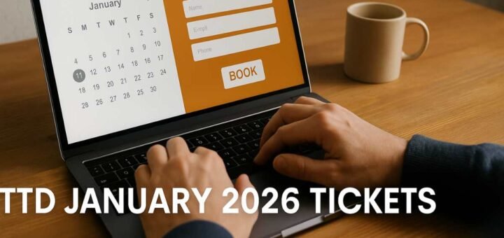 TTD January 2026 tickets booking on laptop with January calendar and online booking form in clean margins and bordered layout