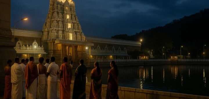 TTD local angapradakshinam tickets e-Dip information with Tirumala gopuram and marigold garlands at dusk