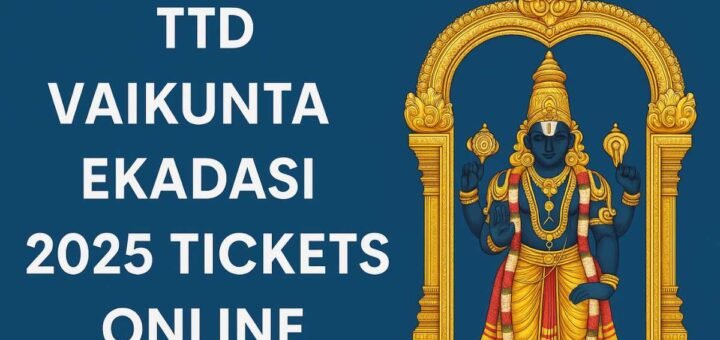 TTD Vaikunta Ekadasi 2025 tickets online booking hero with Vaikunta Dwaram style frame and Lord Venkateswara illustration