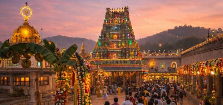 Tirumala January 2026 sunrise at Sri Venkateswara Temple with devotees and festival decorations