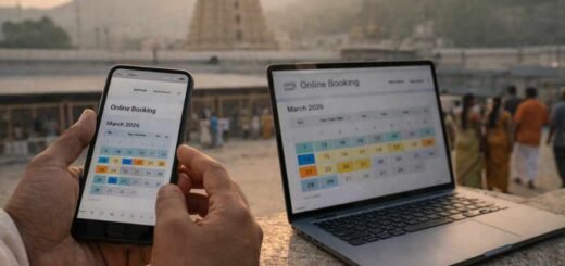 TTD March 2026 Quota online booking calendar on phone and laptop with Tirumala temple in background