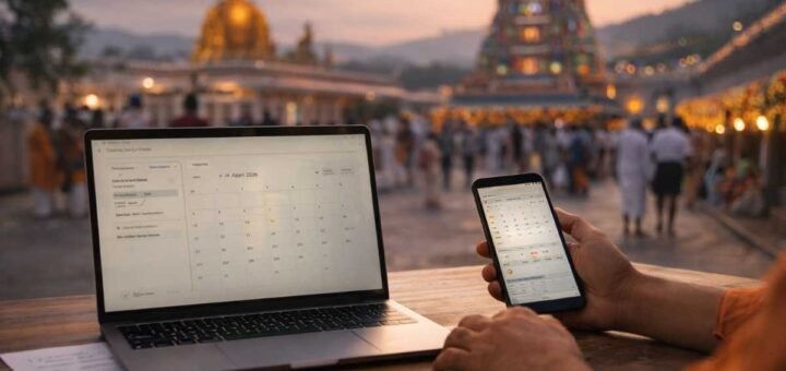TTD April 2026 Quota online booking on TTDevasthanams portal with calendar and categories on a laptop