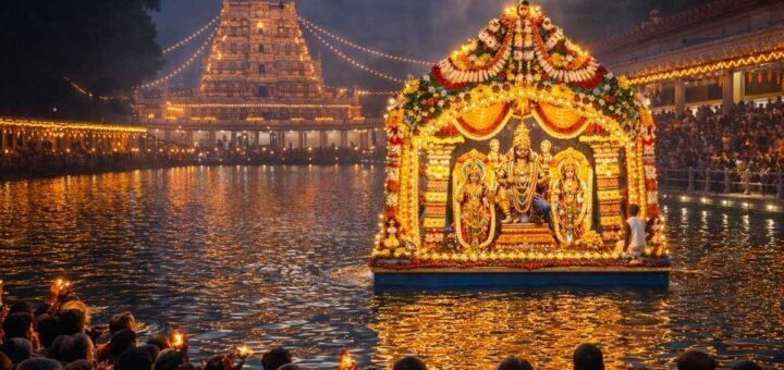 Tirumala Teppotsavam 2026 with Sri Venkateswara Swamy on decorated float in Swami Pushkarini pond, devotees watching