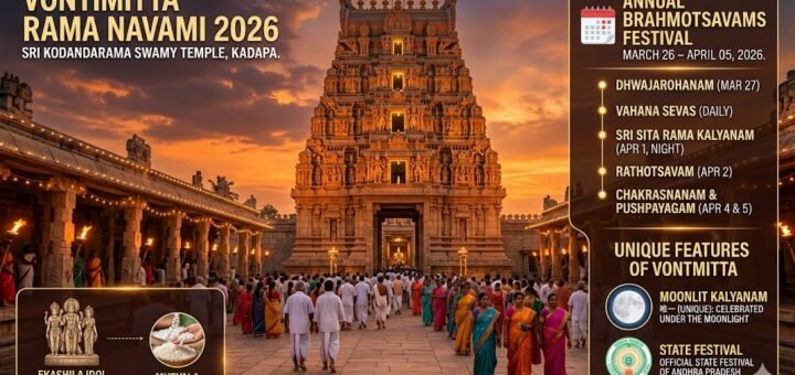 Vontimitta Rama Navami 2026 — Sri Kodandarama Swamy Temple lit during Brahmotsavams festival in Kadapa